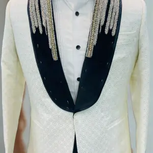 Men’s Luxury Ivory White Jacquard Blazer with Crystal Embellished Shawl Lapel